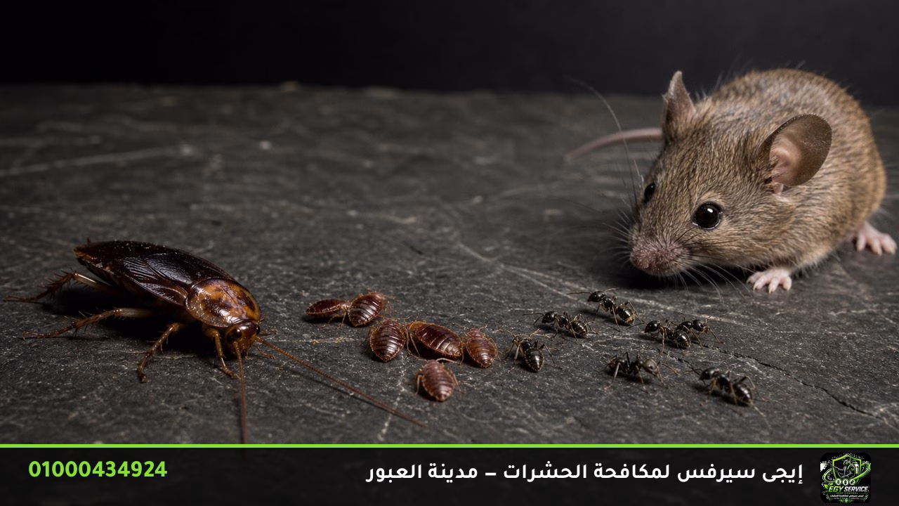 مجموعة من الآفات المنزلية الشائعة في العبور: صرصور وبق فراش ونمل وفأر منزلي على سطح داكن